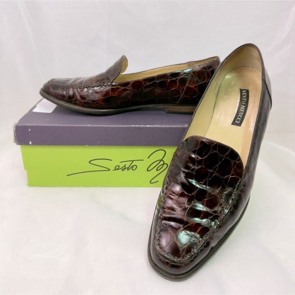 Vtg Sesto Meucci Loafers Womens 7.5 M Brown Croc Embossed Patent Leather Italy